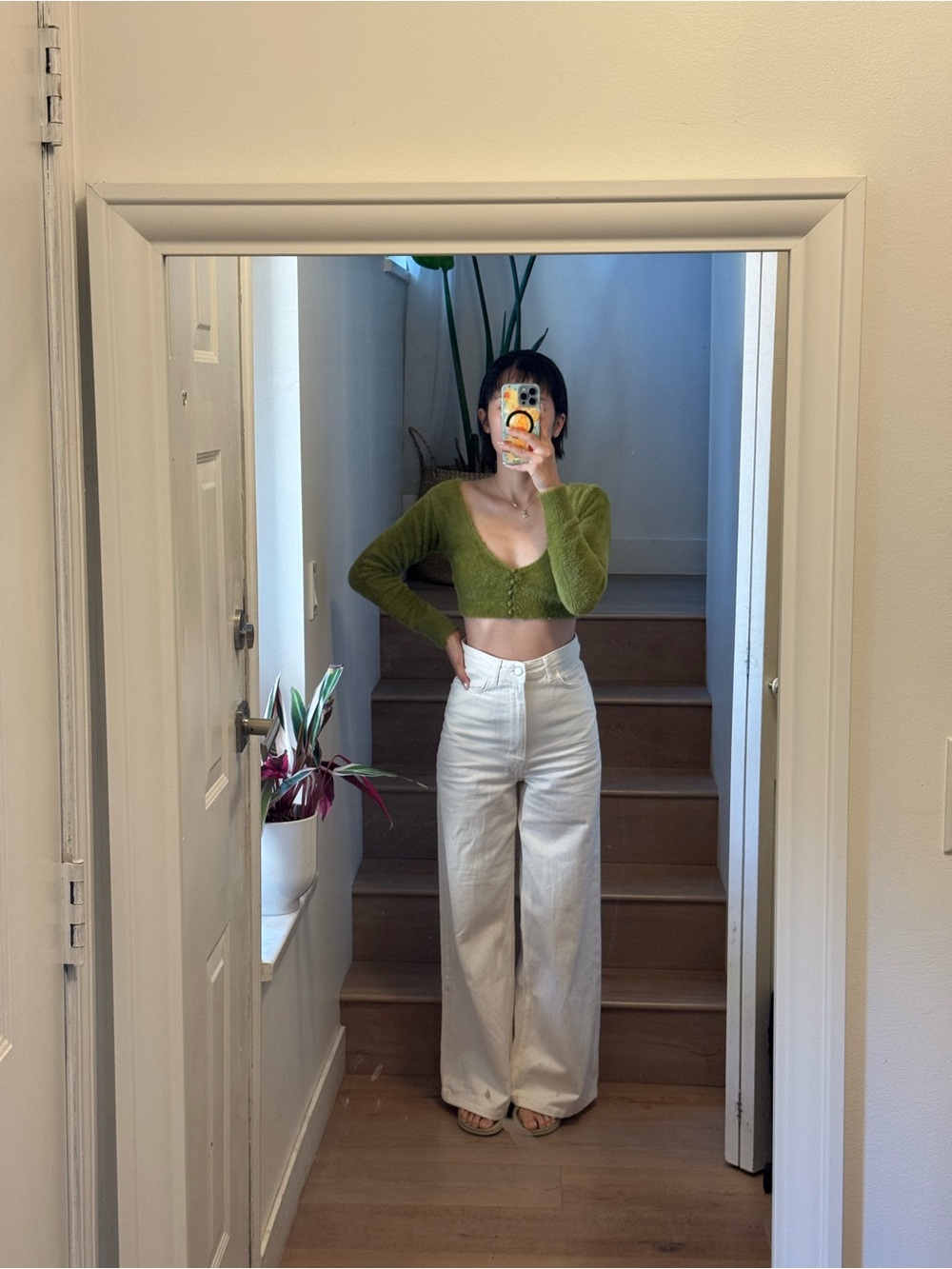 Urban Outfitters Olive Green Cropped V-Neck Button Cardigan